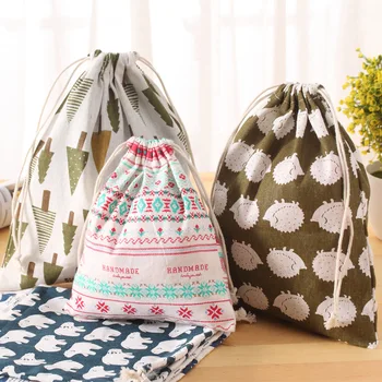 

0091 Pure cotton animals storage bag pocket beam to travel Draw string bag cotton and linen fabric household receive