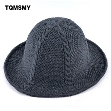 TOMSMY, Зимняя шерстяная шляпа из смешанной ткани, женские вязаные шерстяные шапки-ковши, одноцветные широкополая шляпа от солнца Bob, кепки для мужчин, повседневная Кепка