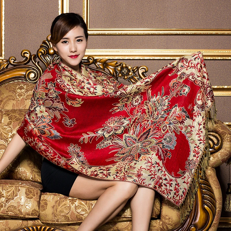 Роскошный бренд для женщин шарф с принтом китайский национальный стиль цветочный узор кисточкой Зима теплый и мягкий длинный шарф-одеяло