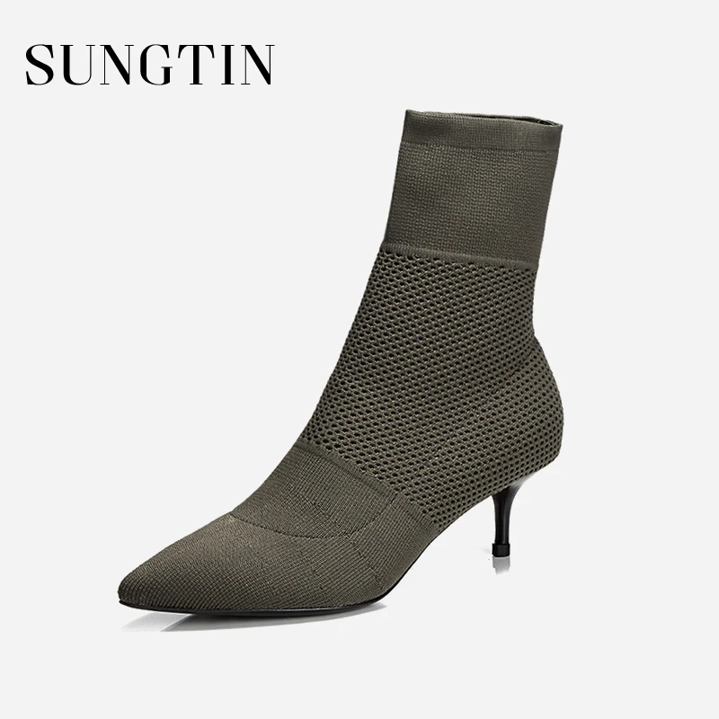 

Sungtin Fashion Stretch Fabric Sock Boots Women Booties Spring Sexy Pointed Toe High Heels Lady Ankle Boots Stilettos