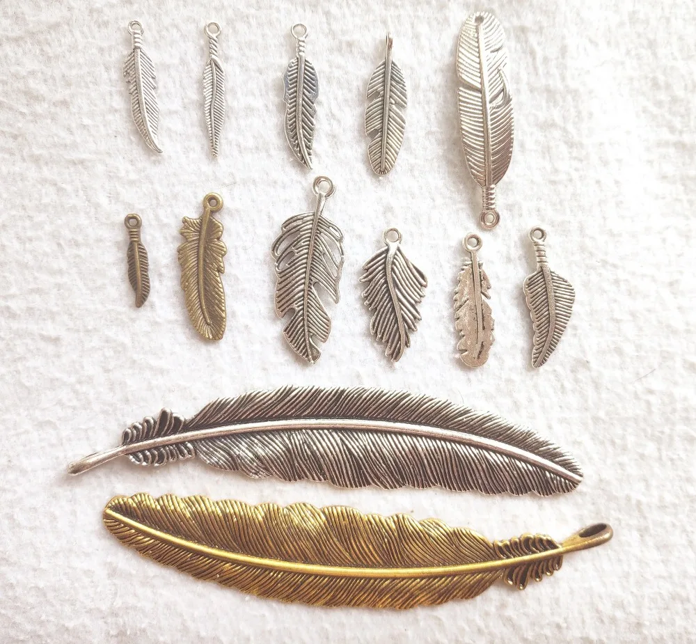 

Mix Feather Charm For Jewelry Making Antique Silver Color feather Pendants For Bracelets pretty bird feather Charm