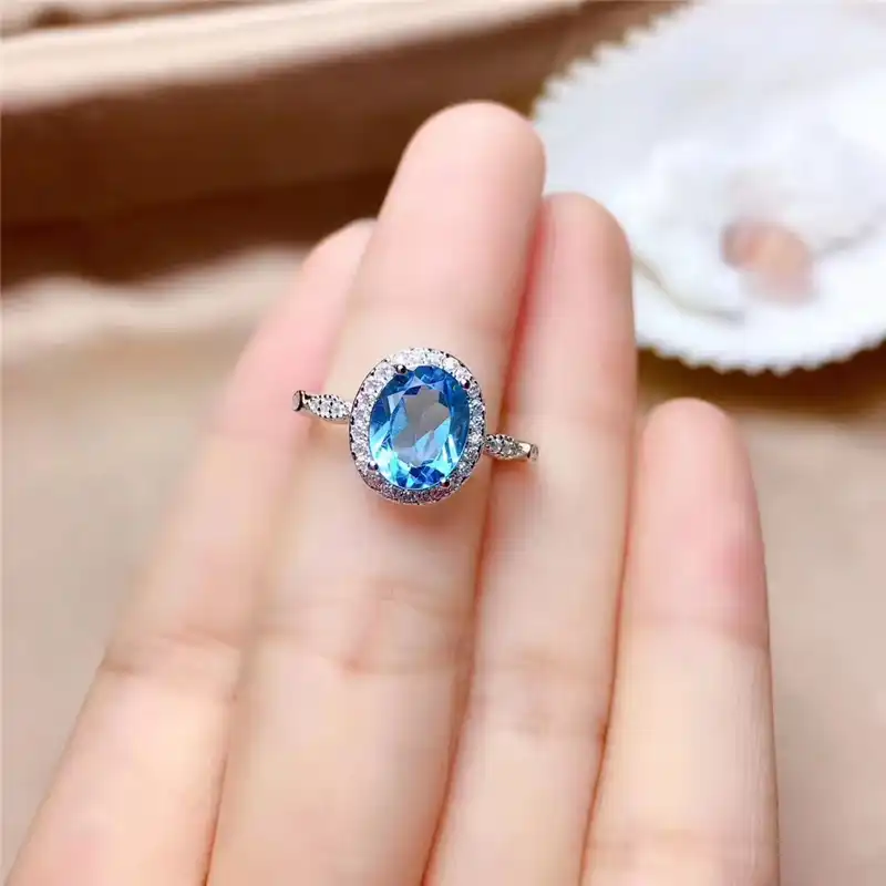 Natural Swiss  Blue Topaz Engagement Ring for Women Oval Cut Gemstone 18K White Gold Genuine 925 Sterling Silver Women Rings