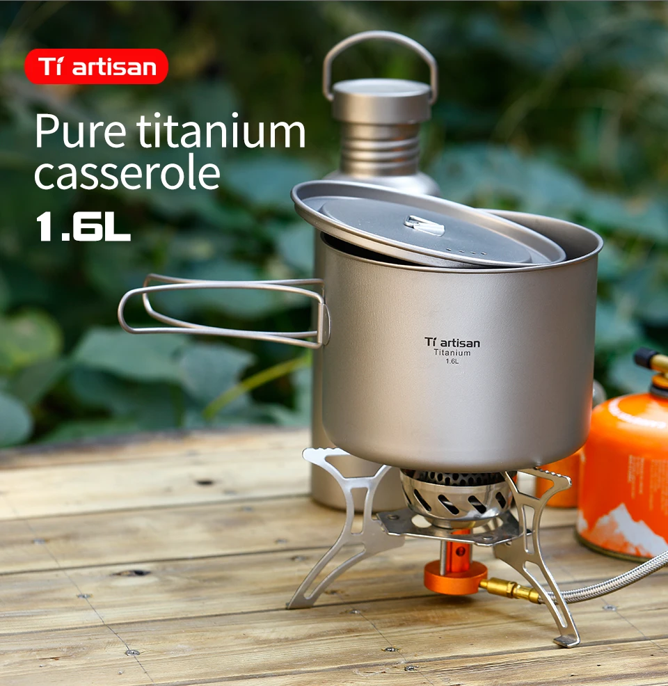 Portátil e Multi-função Acampamento ao ar Tiartisan Puro Cozinhar Pote Conjunto Dobrável Livre Panelas Ta8318ti Titanium1.6l 3 Tiartisan titanium1.6L Puro cozinhar Pote conjunto pote
