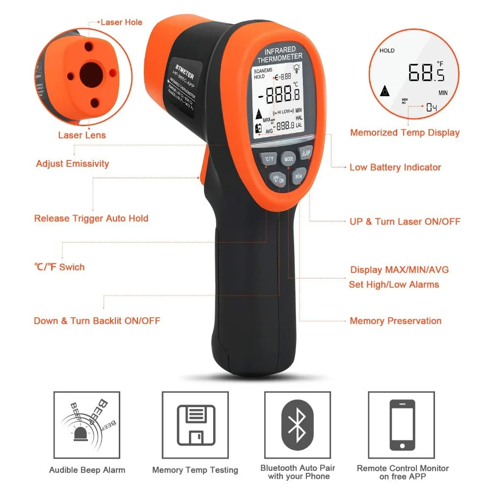BTMETER BT-985CAPP Bluetooth 12:1 cyfrowy termometr na podczerwień zakres Temp.-58 ℉ ~ 1472 ℉(-50 ℃ ~ 800 ℃) bezdotykowy pistolet na podczerwień BTMETER BT-985CAPP Bluetooth 12:1 cyfrowy termometr na podczerwień zakres Temp.-58 ℉ ~ 1472 ℉(-50 ℃ ~ 800 ℃) bezdotykowy pistolet na podczerwień
