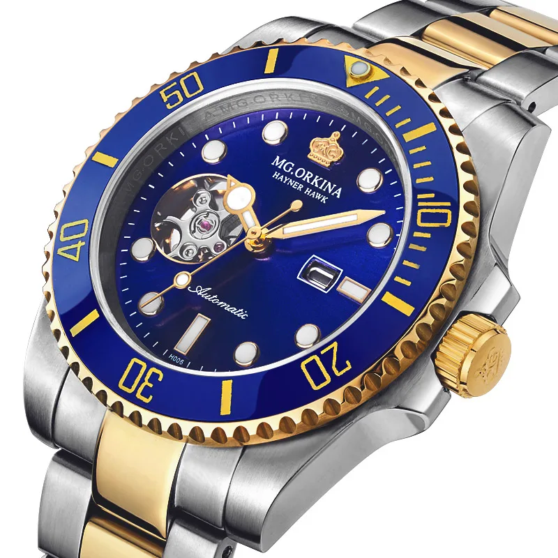 

Orkina Automatic Self-Wind Mechanical Watches Men Business Full Steel Flywheel Wristwatch Man Skeleton Automatico Clock R006