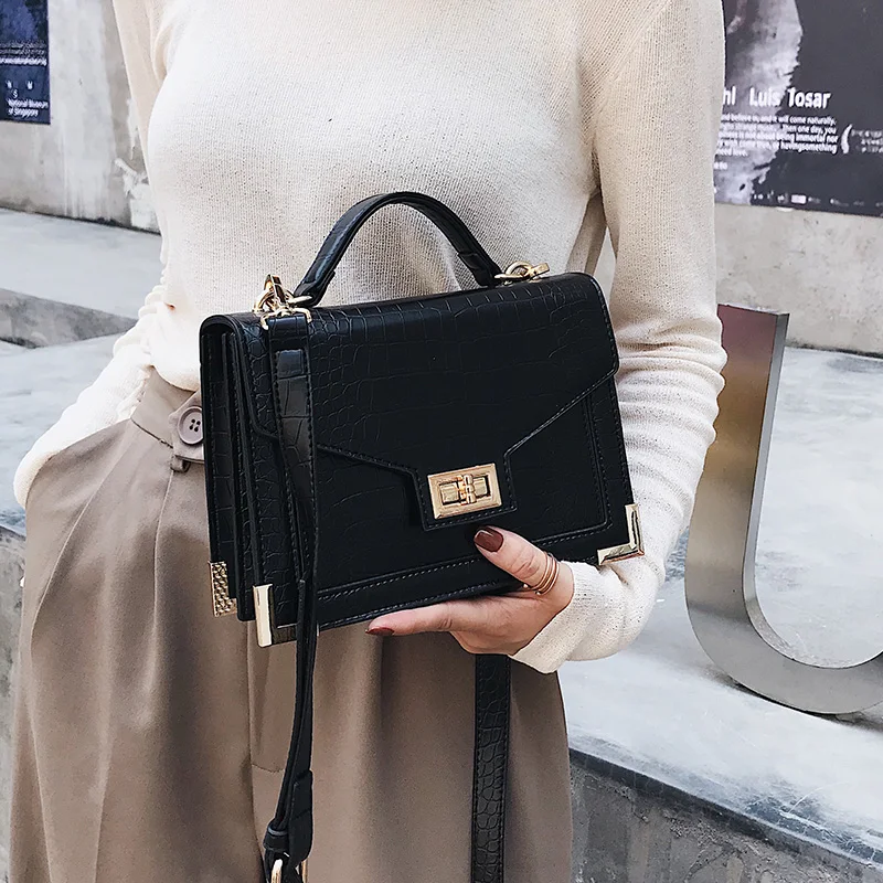 

Retro Fashion Female Square bag 2019 New Quality PU Leather Women bag Crocodile pattern Tote bag Lock Shoulder Messenger Bags