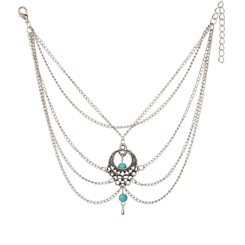 

beach style hot summer hyperbole multi-layers sexy chain tassel blue sone geometric shaped Bracelet Anklets women Jewelry
