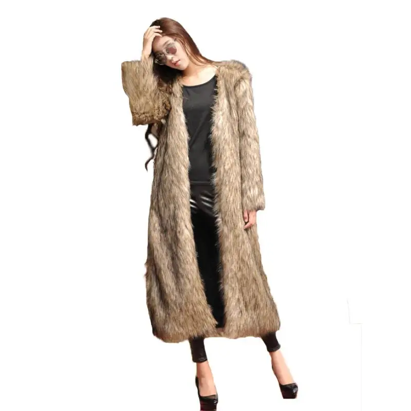 Тонкая X-Long зимняя женская модная шуба из искусственного лисьего меха для отдыха элегантная V-neck длинная меховая женская одежда пальто