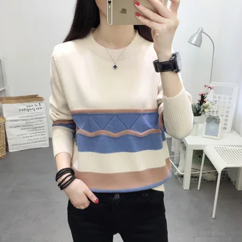 

2020 edition striped sweater sets loose long-sleeved round collar web celebrity sweater female render unlined upper garment
