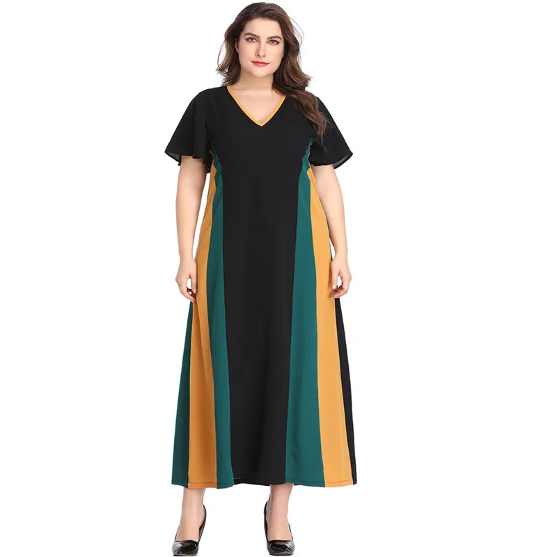 

Vestido Summer Dress Woman XL-5XL Large Size Dress V Neck Contrast Color Short Sleeve Femme Plus Size Long Dress HY88061