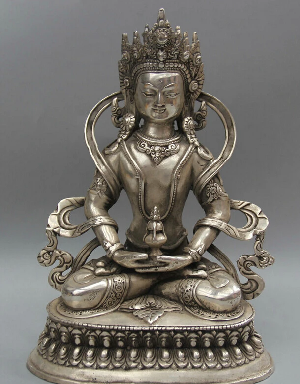 

USPS to USA S1935 10" Tibet Tibetan Buddhism Silver Seat Amitayus longevity God Goddess Statue B0401