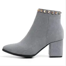 EIOUPI/Демисезонные ботинки из нубука и замши; женские ботильоны с острым носком на толстом каблуке; O1dfa0436