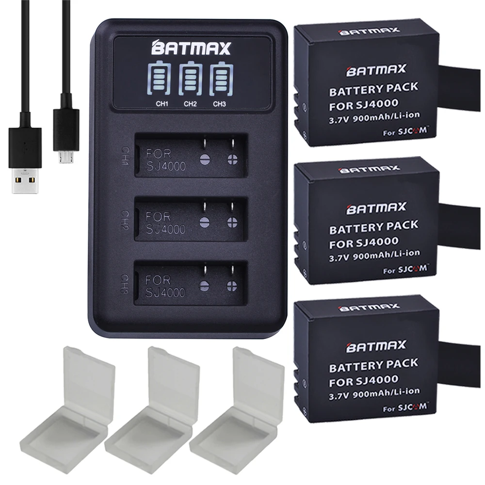Batmax 3 шт. для спортивной экшн-камеры SJCAM SJ4000 Батарея + слота светодиодный USB