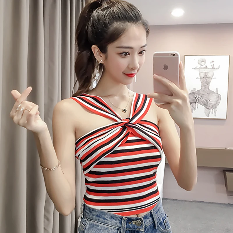 

Shintimes Striped Bandage Off Shoulder Tank Top Women Clothes 2018 Sexy Backless Casual Woman Debardeur Femme Roupas Feminina
