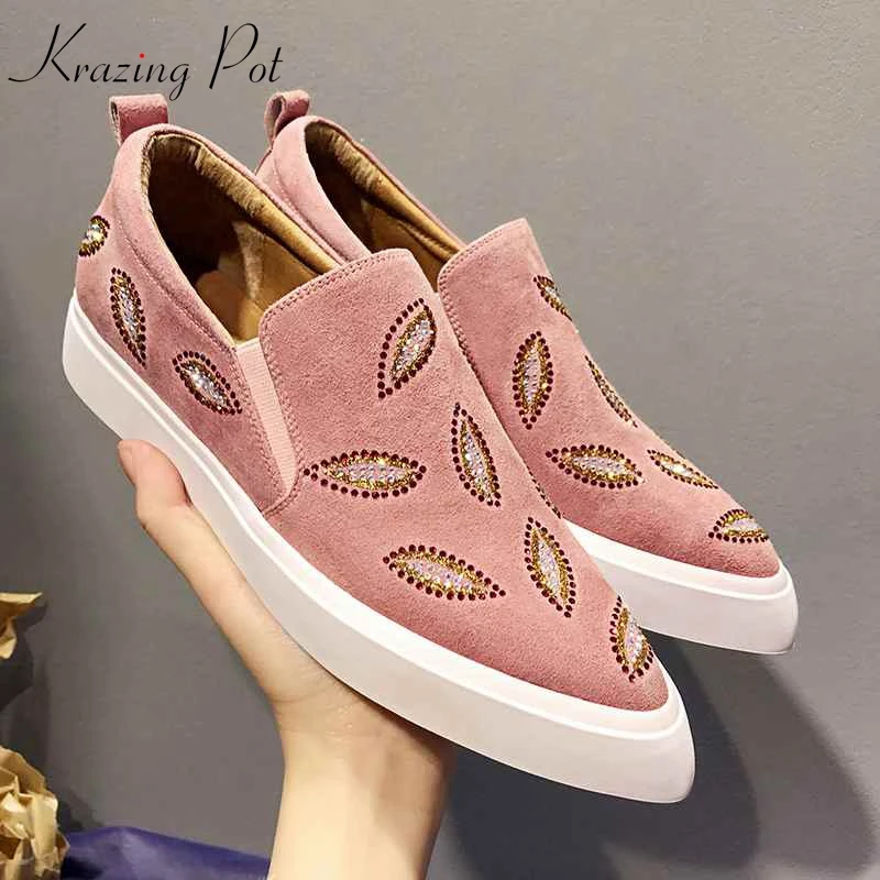 

Krazing Pot 2019 new full grain leather superstar embroidery crystal bling pointed toe slip on thick bottom vulcanized shoes L18