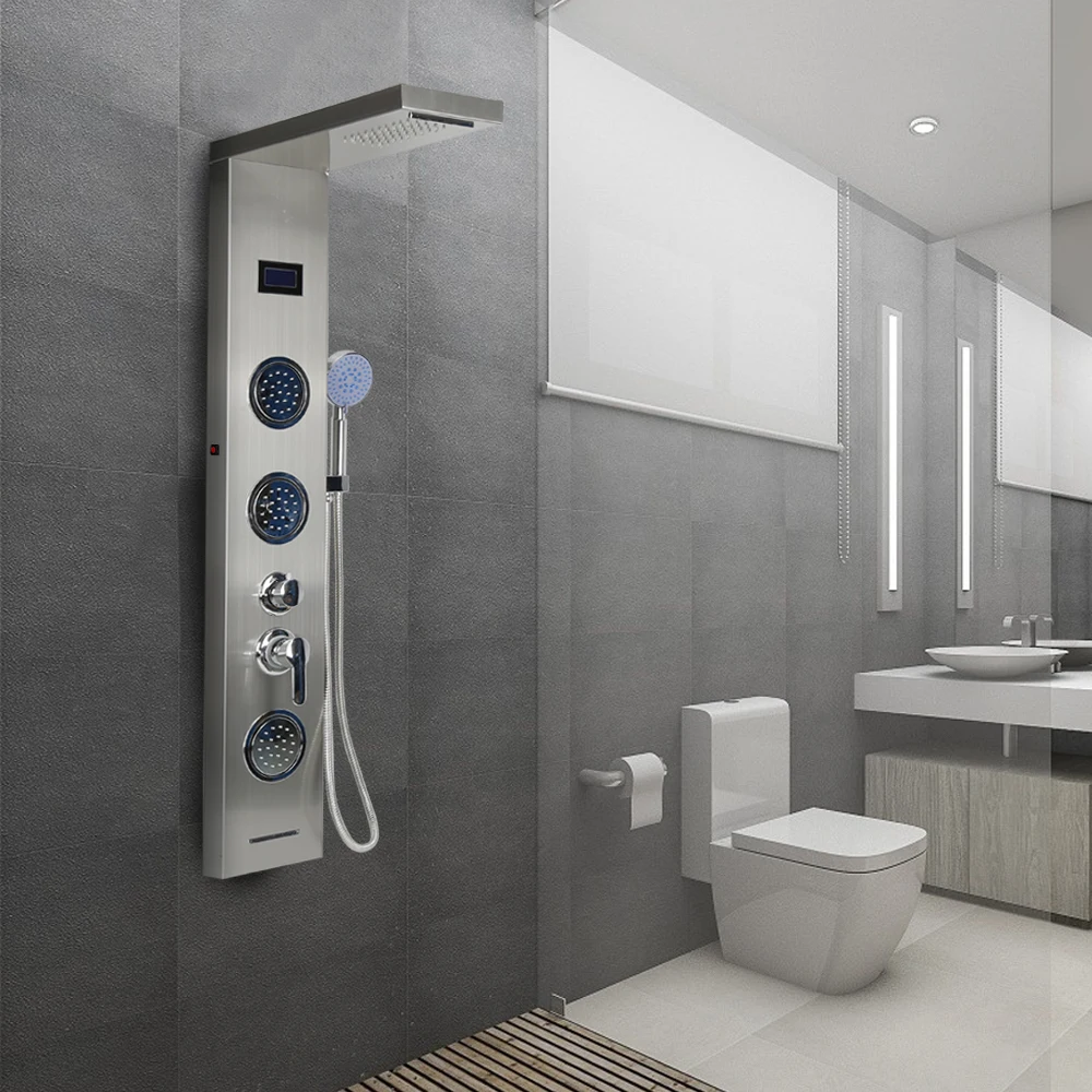 СВЕТОДИОДНЫЙ цифровой дисплей душевая панель колонка с ABS ручной Душ Дождь Водопад Душ Ванна Душ экран ванная комната поставщиков HWC
