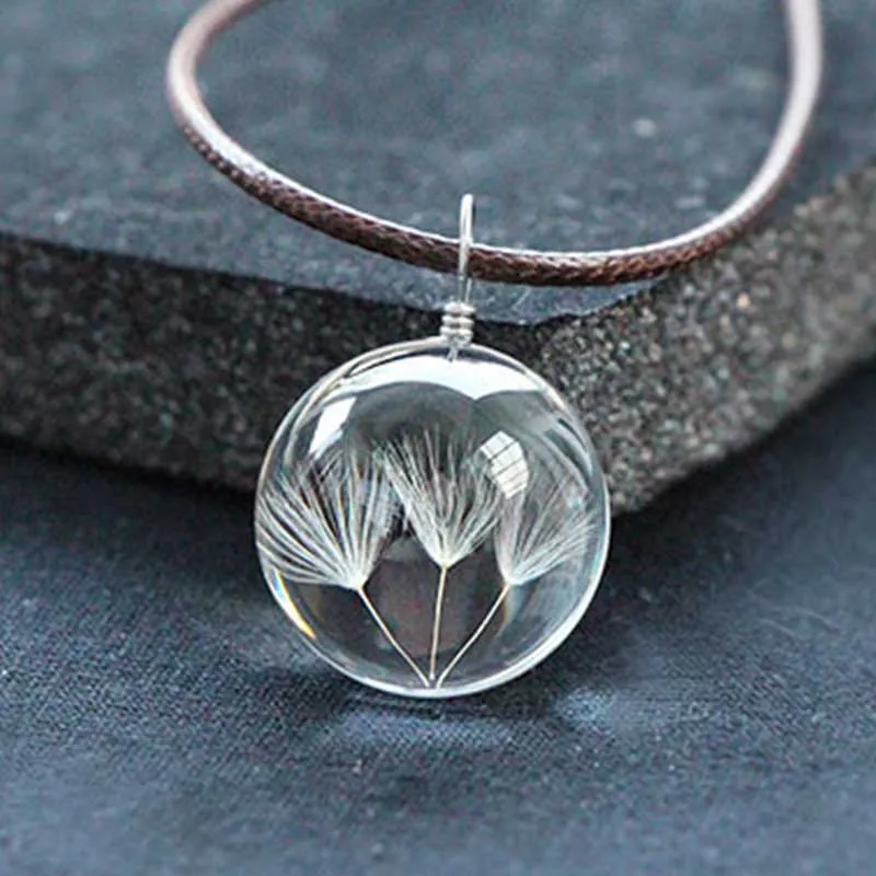 

Hot sale Real Dandelion Glass Crystal Ball Necklace Dandelion Jewelry Long Strip Leather Chain Pendant Necklaces For Women