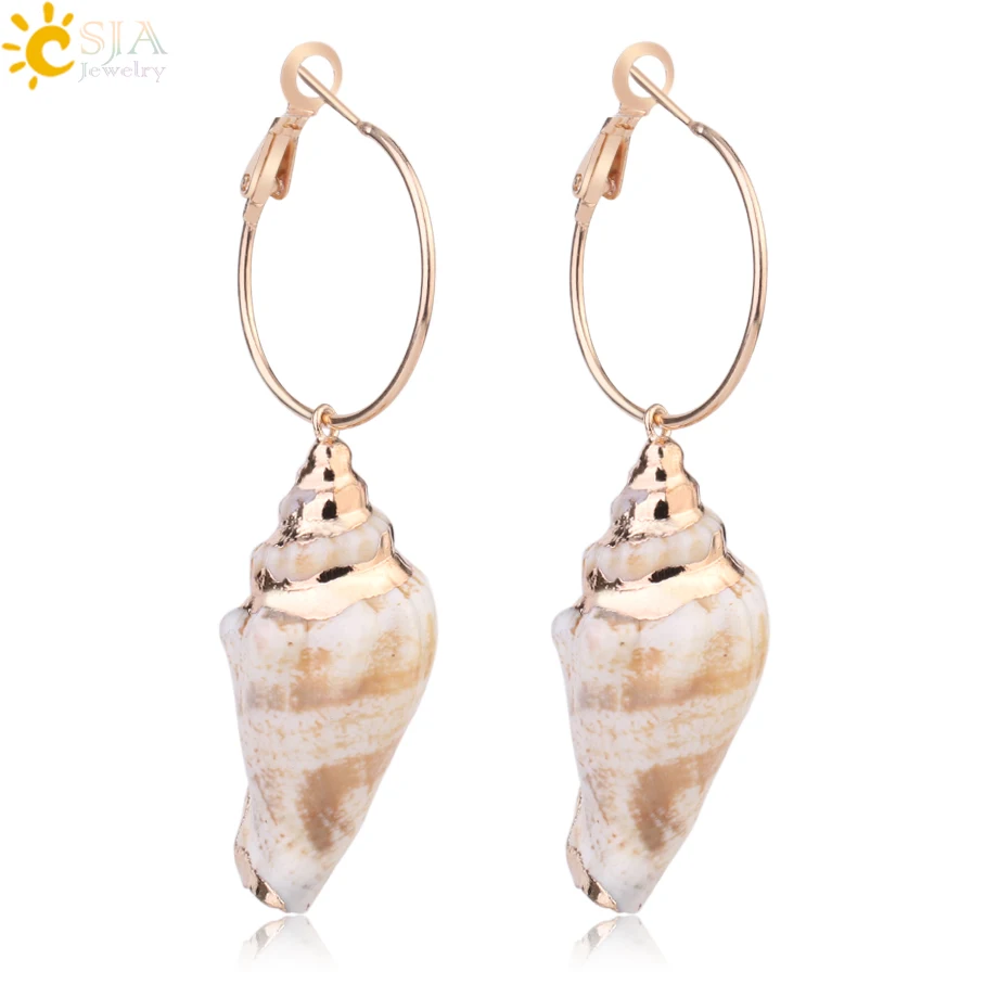 

CSJA Classical Conch Shell Earrings Bohemian Gold Color Circle Hook Earring Beach Sea Shells Fashion Jewelry for Women Gift G025