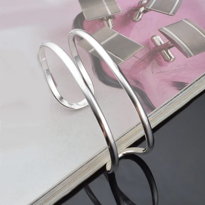 OMHXZJ Wholesale Personality Fashion Unisex Party Gift Silver Hollow Two Lines 925 Sterling Silver Cuff Bangle Bracelet BR137