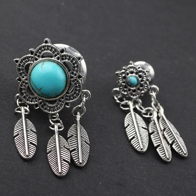 JUNLOWPY Piercing Tunnel Stainless Steel Gold Silver Feather Ear Plug Tunnel Filigree Tribal Dreamcatcher Pandent Body Jewelry