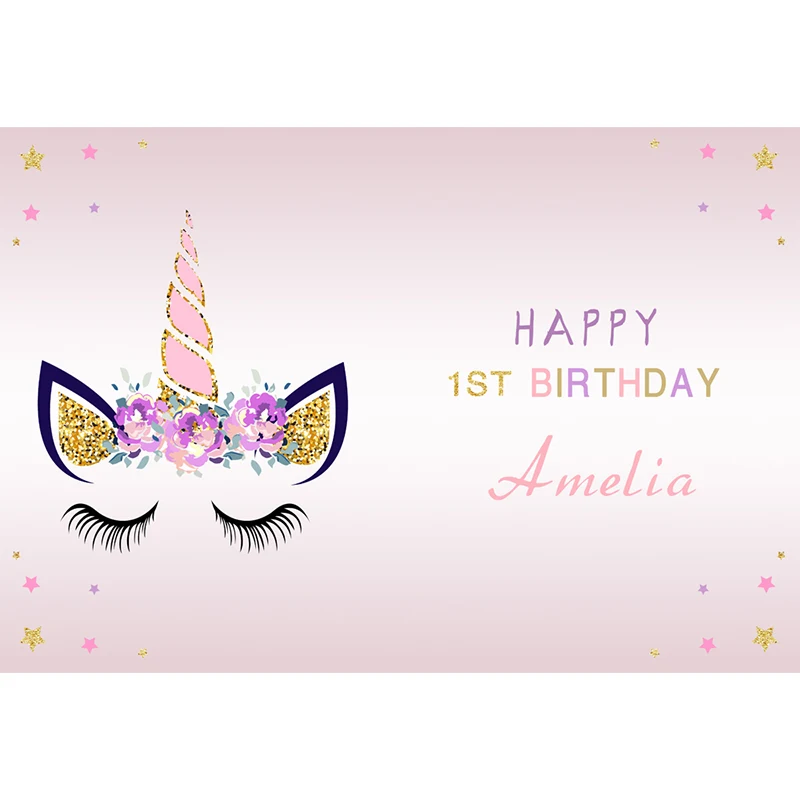 HUAYI custom Baby birthday shoot backdrop cute unicorn head shower flowers portrait eyelashes pink background gold Twinkle W-658