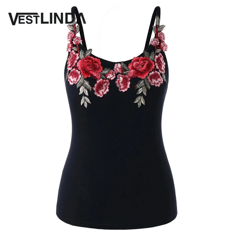 

VESTLINDA Embroidery Cami Tank Top Blouse Summer 2018 Fitness Women Clothing Camisole Spaghetti Strap Black Plus Size Cami Tops