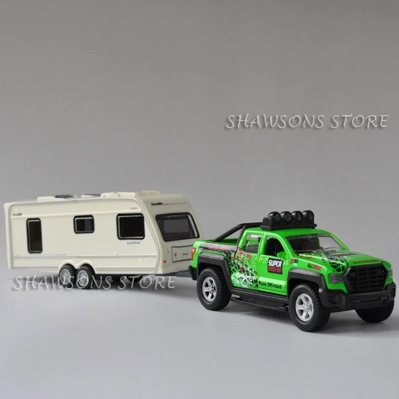 

Diecast 1:36 Car Model Toys Pull Back F150 Raptor Pickup Truck Trailer Camper Van ATV Sound & Light