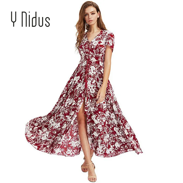 Y Nidus, летнее платье,, женские пляжные макси платья, на пуговицах, с разрезом, цветочный принт, с v-образным вырезом, вечерние платья, vestidos