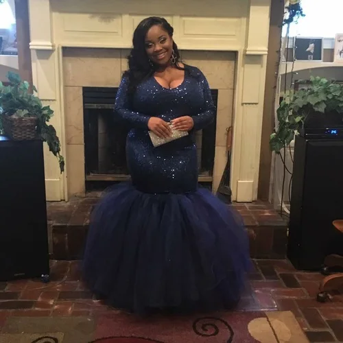 Sexy Plus Size Navy Blue Sequin Tulle Rok Lange Mouwen Mermaid Afrikaanse Prom Jurken 2019 Lange Arabische Avond Formele Kleding gown Sexy Plus Size Navy Blue Sequin Tulle Rok Lange Mouwen Mermaid Afrikaanse Prom Jurken 2019 Lange Arabische Avond Formele Kleding gown