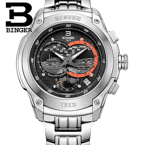 Швейцарские часы мужские роскошные Брендовые Часы Бингер кварцевые мужские часы полностью из нержавеющей стали с хронографом Diver glowwatch B6013 - Цвет: Item 2