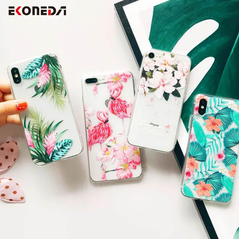EKONEDA Patterned Flamingo Leaves Floral Case For iPhone 7 Case Silicone For iPhone 8 7 Plus 6 6S X XS Max XR Case Soft Cover