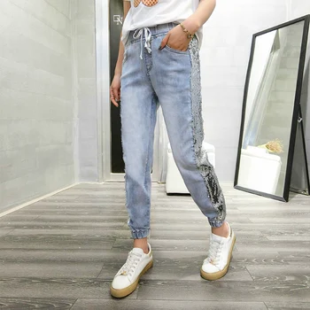 

drawstring elastic waist & hem glitter sequins denim blue jeans ankle length pants joggers trousers for ladies girls women