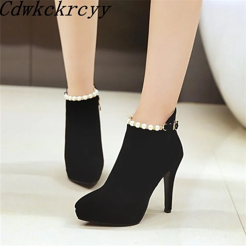 

winter New pattern fashion Europe America Cusp gules sexy Rhinestone Pearl Short boots Fine heel Add wool Keep warm Women Boots