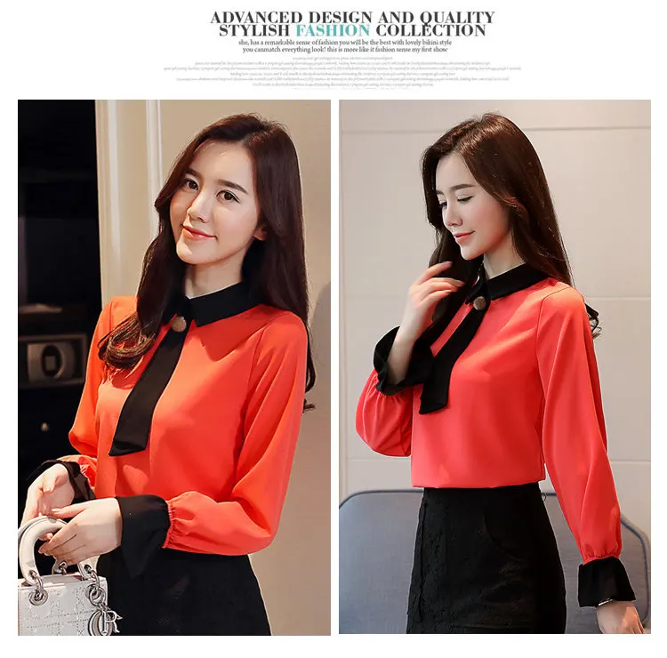 Women Blouses New 2019 Casual Autumn Shirt Elegant Bow Long Sleeve Tops Patchwork Chiffon Blusas Mujer OL Office Blouse (4)
