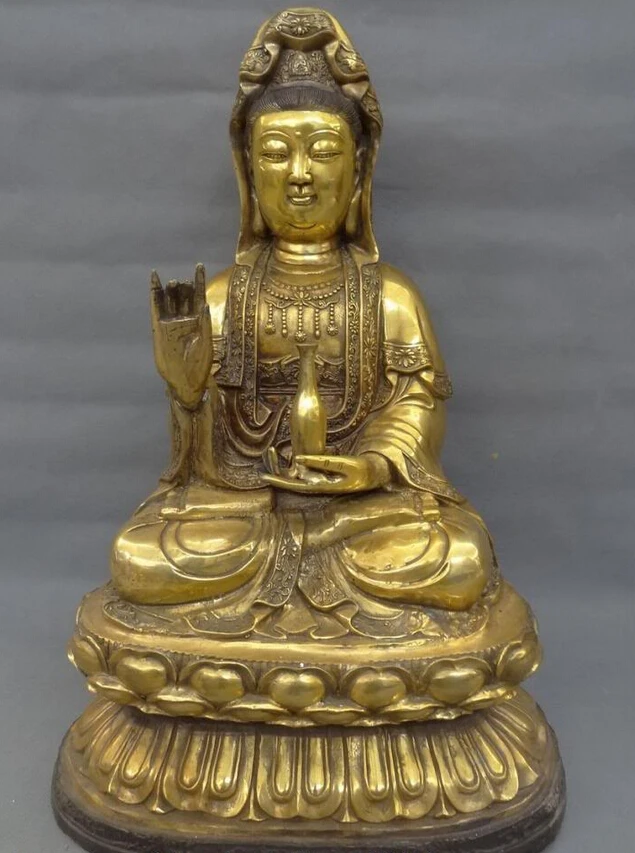 

fast shipping USPS to USA S1815 23" Chinese Bronze Gilt Joss Pray Lotus Pot Kwan-yin GuanYin Goddess Set Statue