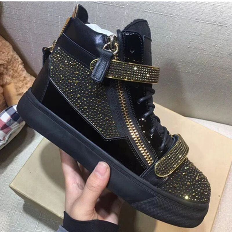 

Luxury Caystal Mens Sneakers Black Runway HIgh Top lace Up Casual Shoes Plus Size 38-46 Men Footwear Breathable Trainers Shoes