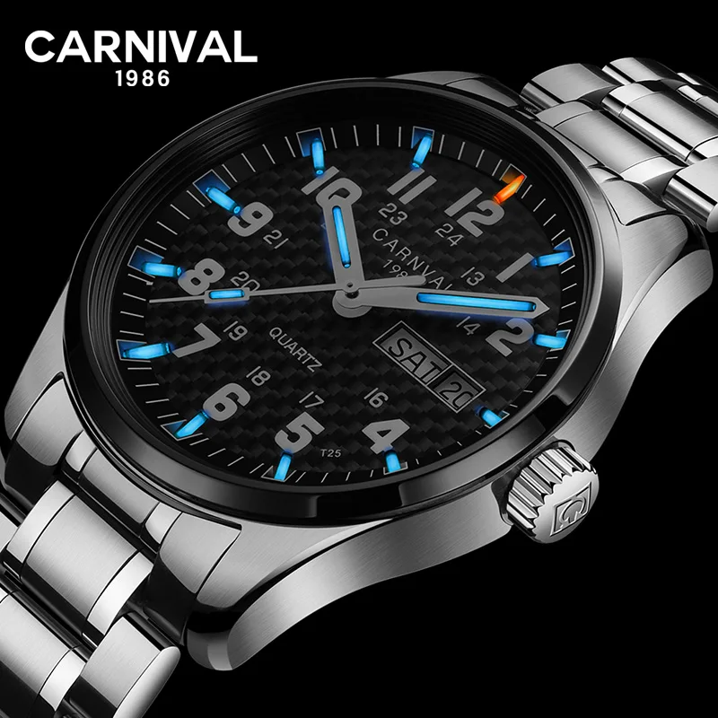 

CARNIVAL Tritium Luminous Watch Men Military Stainless Steel Black Carbon Fiber Dial Date Week Display Quartz Waterproof Watches