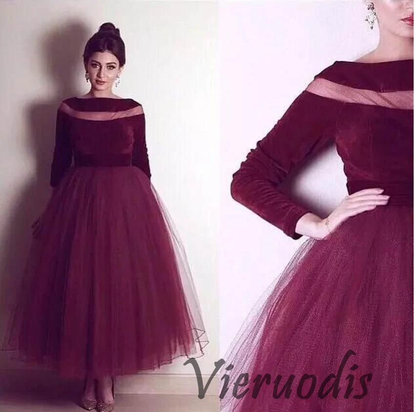 2312018 Newest Wine Red Long Sleeve Evening Dresses Sheer Neck A-Line Pageant Party Dress Formal Evening Gowns