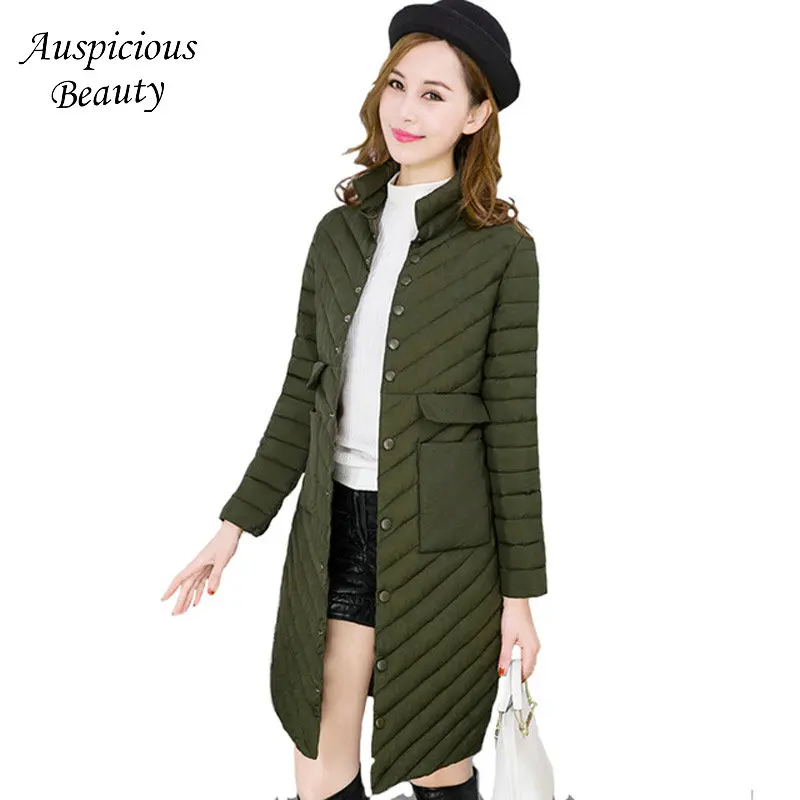 2017 Autumn Women's Lightweight Thin White Duck Down Jacket Slim Double Pocket Fashion Female Long Coats Outerwear CXM303 | Женская