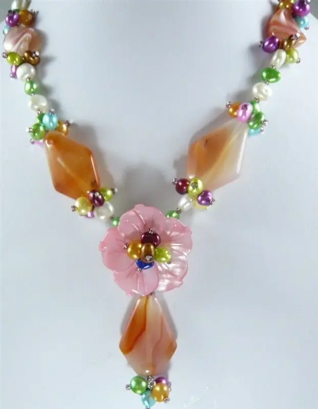 

FREE SHIPPING>>>@@ > N1664 Multicolor Akoya Cultured Pearl&Agate&Shell Flower Necklace