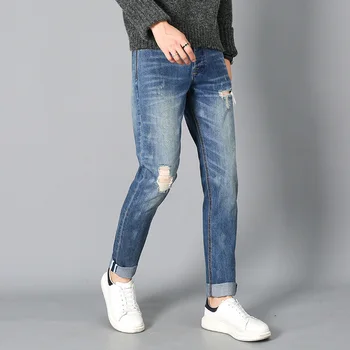 

destroy wash ripped hole regular fit vintage blue denim jeans pants trousers for men adults youth boys spring autum season