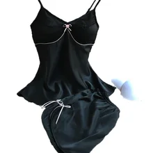 Женский черный пижамный комплект пижама v-образный вырез искусственный шелк женская одежда для сна Спагетти ремень горячий сексуальный пижамный комплект