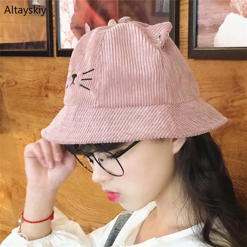 

Bucket Hats Women Solid Embroidered Ear Corduroy Harajuku Japanese Style Retro Fisherman Hat Womens All-match Kawaii Trendy Chic