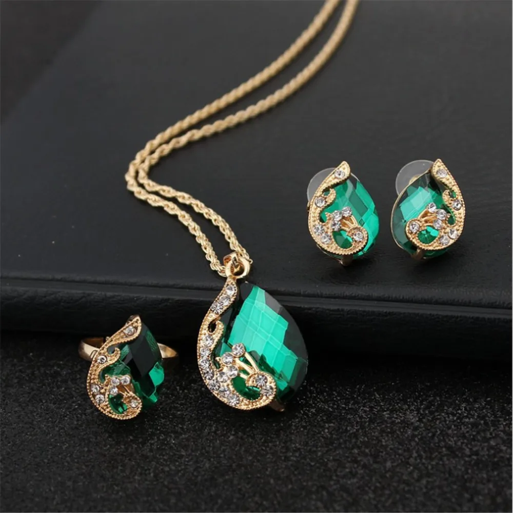 

ECODAY Bridal Jewelry Sets Peacock Crystal Stud Earrings Cuff Rings Pendant Necklace For Women Wedding Jewelry Bijoux