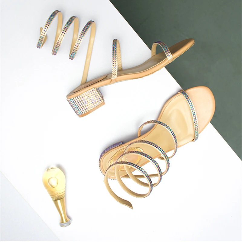 

2019 Summer Women Sandals Fashion Sexy Rhinestone Mid Heel Tied Party Breathable Comfort Shopping Woman Walking Casual Shoes