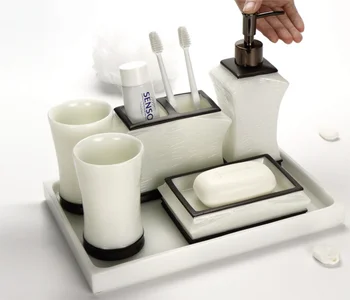 

Hot Selling Bathroom Accessories Set European Style Resin Accessory Toothbrush Holder Soap Dish Lotion Dispenser 5pcs/set LFB292