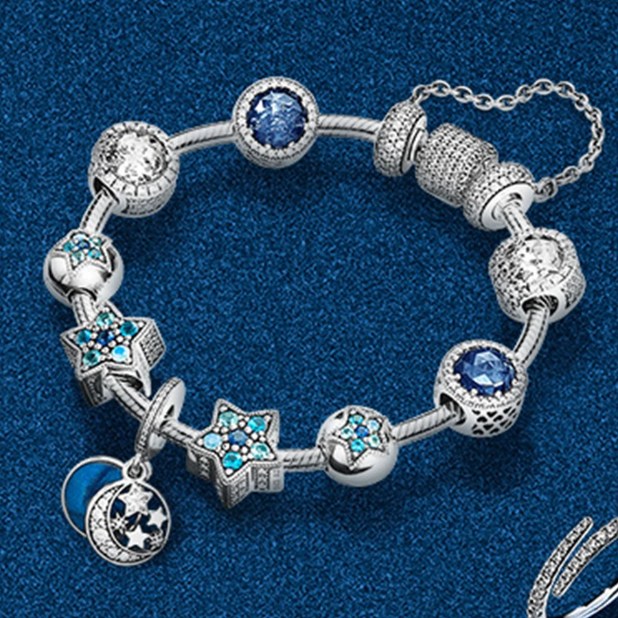 

100%925 Sterling Silver Brand New 1:1 Genuine Stars and Night Never Fallen Fashion Charm Bracelet Set Fit DIY Gift Jewelry