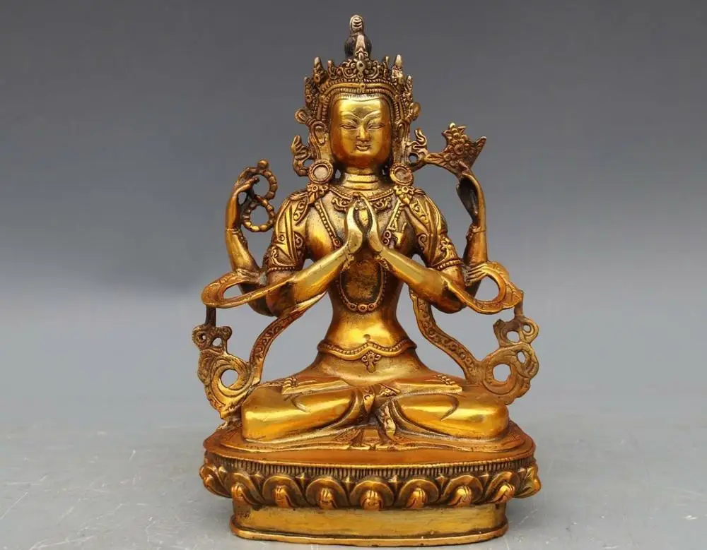 

Tibet Buddhism Bronze Copper Four Arm Kwan-yin Bodhisattva GuanYin Buddha Statue