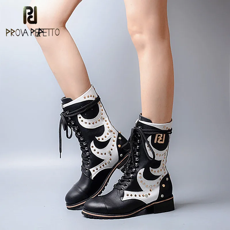 

Prova Perfetto Euramerican Design Mixed Color Round Toe RIvets Low Heel Mid High Boots Genuine Leather Patchwork Lace Up Boots