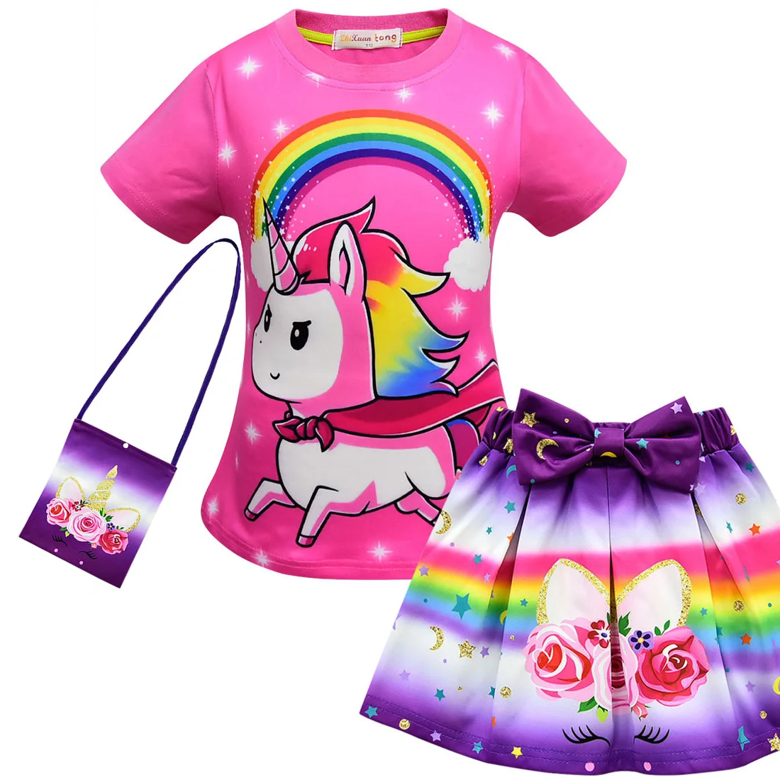 

Girls Suits 2019 Summer Style Kids Beautiful unicorn Children OF-neck Clothing Short skirt Suit With Bag 3Pcs christmas Clothes